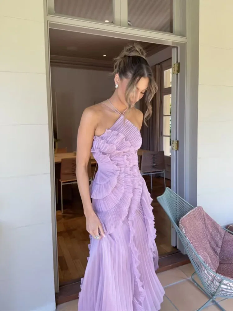 Elegant Fold Ruffles Halter Long Dress Women Sleeveless Backless Summer Beach Vacation Chiffon Dresses Irregular Purple Robes