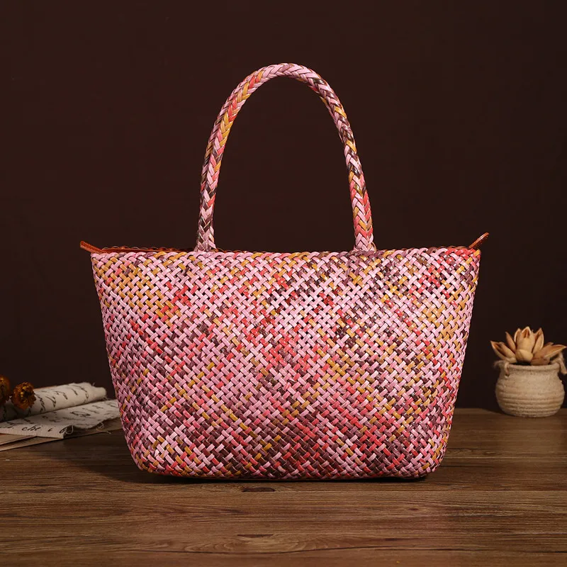 Real Leather Women Handbag retro Handmade Woven Totes Female Cowhide white weave Holiday Big Bag Causal Soft Handbags