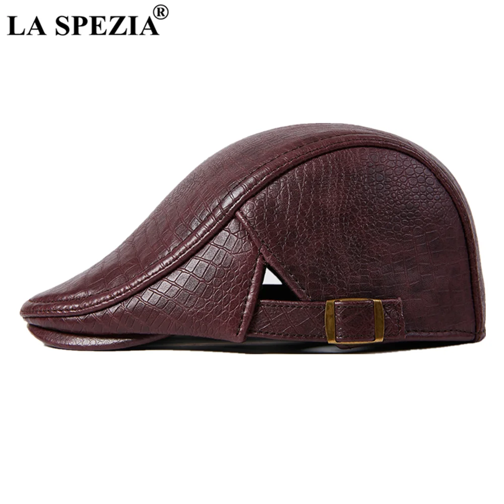 LA SPEZIA Beret Hat Genuine Leather Flat Cap for Men Burgundy Alligator Real Leather Newsboy Vintage Male Winter Duckbill Hats