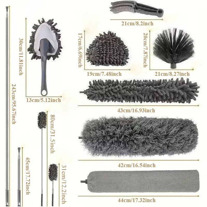 9pcs-Telescopic Dust Remover Can Be Extended to 285 Centimeters, Telescopic Cleaner, Dust Remover, Washable, Spider Web Remover