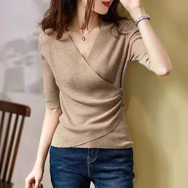 

Korean Fashion Clothing Sexy V Neck T Shirt For Women Short Sleeve Tshirts Black Knitted Tops Female Tee Shirt Femme XQ388