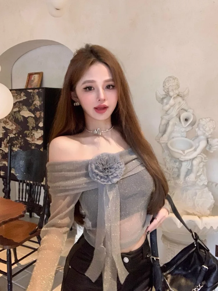 Ezgaga Sexy Crop Tops Women Slash Neck Mesh Patchwork Long Sleeve Shirts Off Shoulder Slim Stretch Elegant Blouse Female