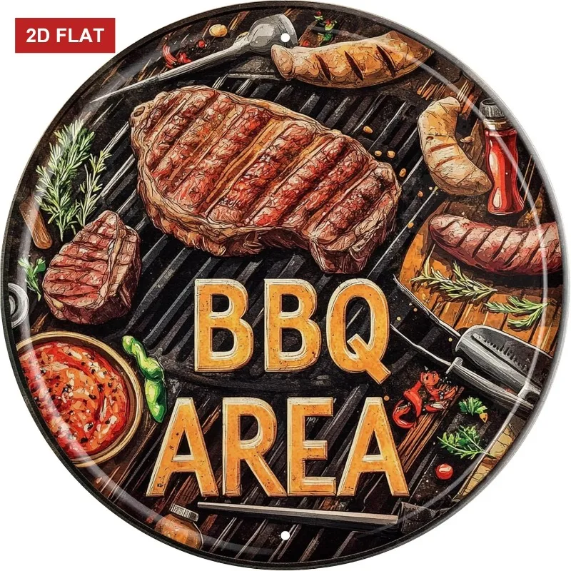 Vintage 2D Flat Round BBQ Area Metal Sign – Indoor Outdoor Rustic Wall Decor for Home, Garden, Bar, Farm, 8x8 Inch