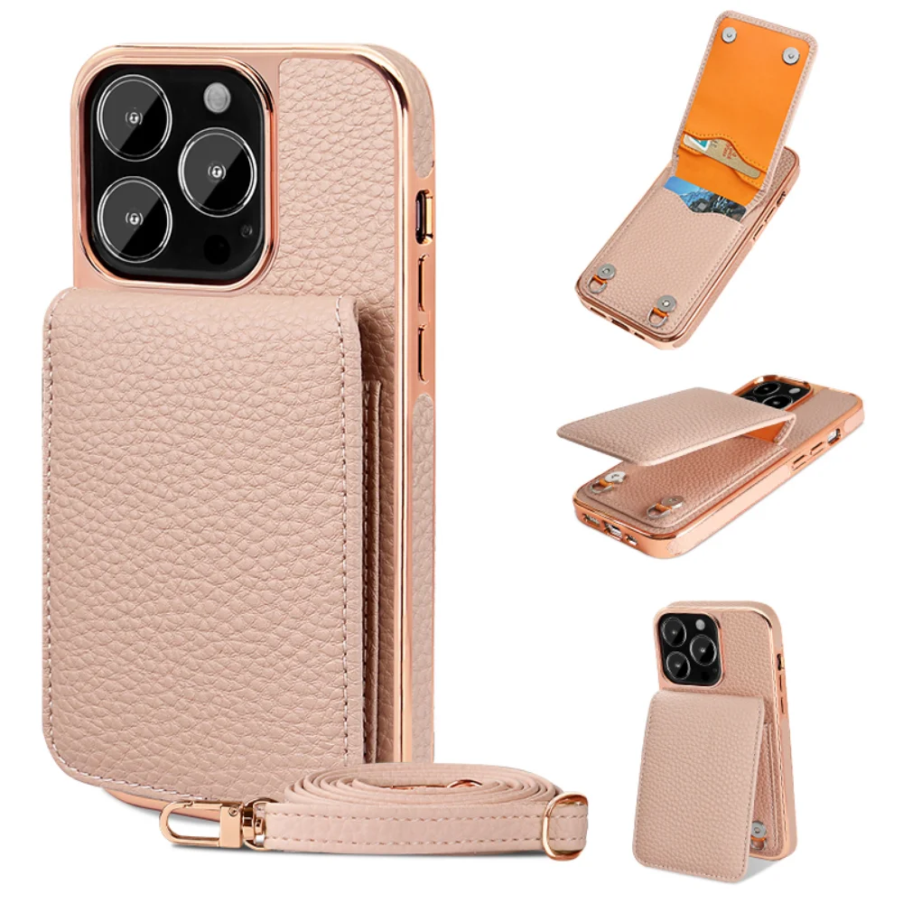 Crossbody Card Slot Holder Phone Case For iphone 15 14 Plus 13 Pro Max Necklace Strap Lanyard Cord Leather Electroplated Cover