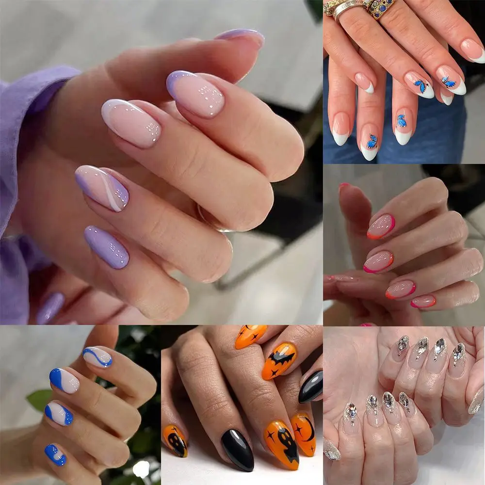 

24pcs/Box Women Fashion Full Cover Manicure Tool Nail Tips French Stiletto Fake Nails Wearable Almond False Nails