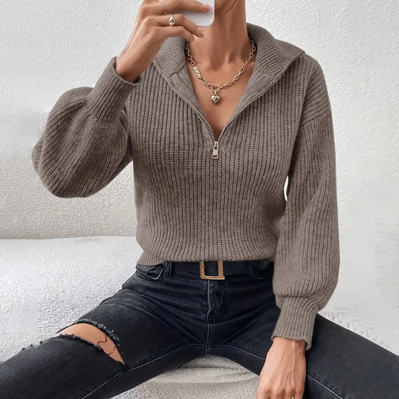 

Half Zip Collar Sweater Women Pullovers Soft Knitted Long Sleeve Short Jumper Fall Winter Teen-girl Tops Fashion Outfit Lady Top