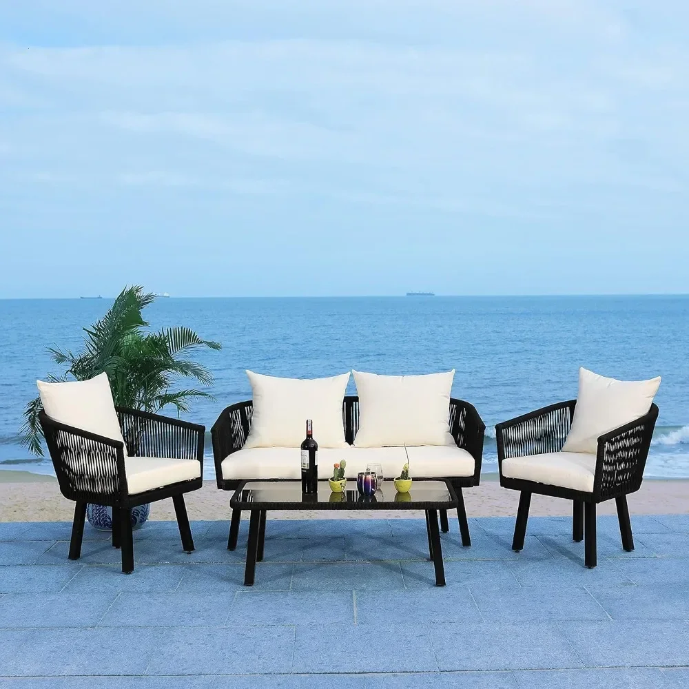 Collezione Outdoor Cuscino in vimini Corda da 4 pezzi Patio Cortile Set da soggiorno Set di mobili da esterno in rattan nero/beige Camera da giardino