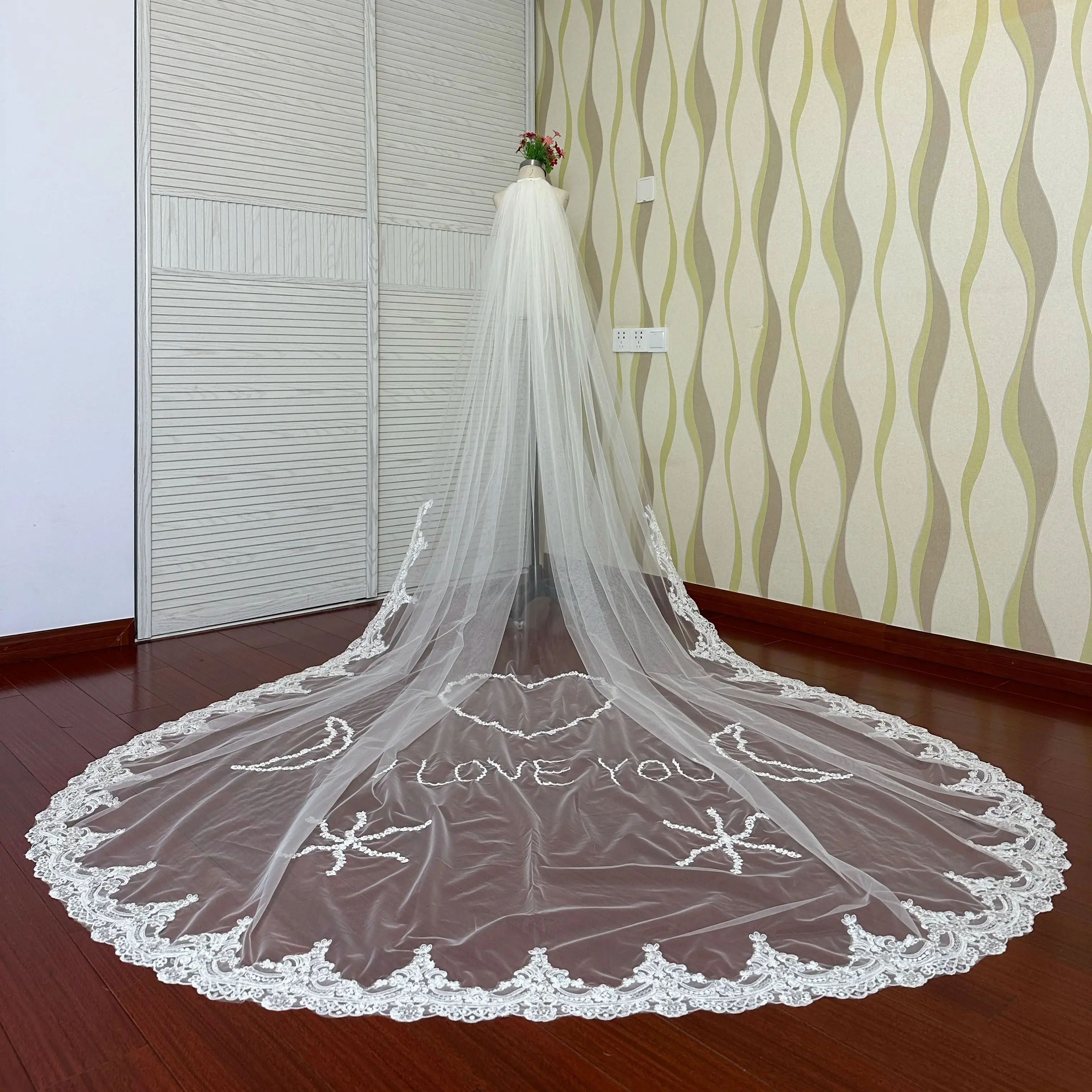 Velo De novia Blanco/Marfil elegante con peine, Mantilla De encaje ondulado, accesorios De Boda nupcial, Veu De Noiva, 3m De largo