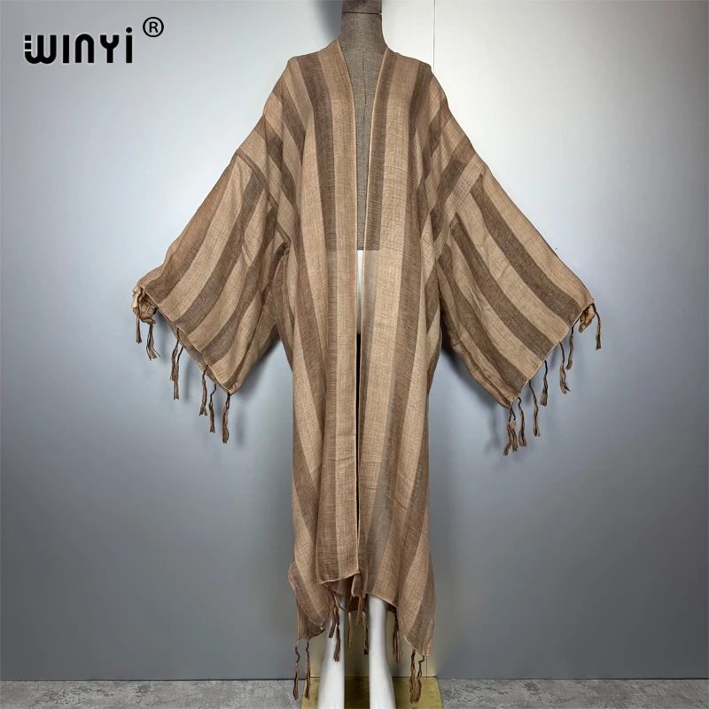 WINYI 着物風アフリカコートファッションカフタンビーチカバーアップフリンジストライプ透かしカーディガンビーチウェア女性用アバヤムスリム