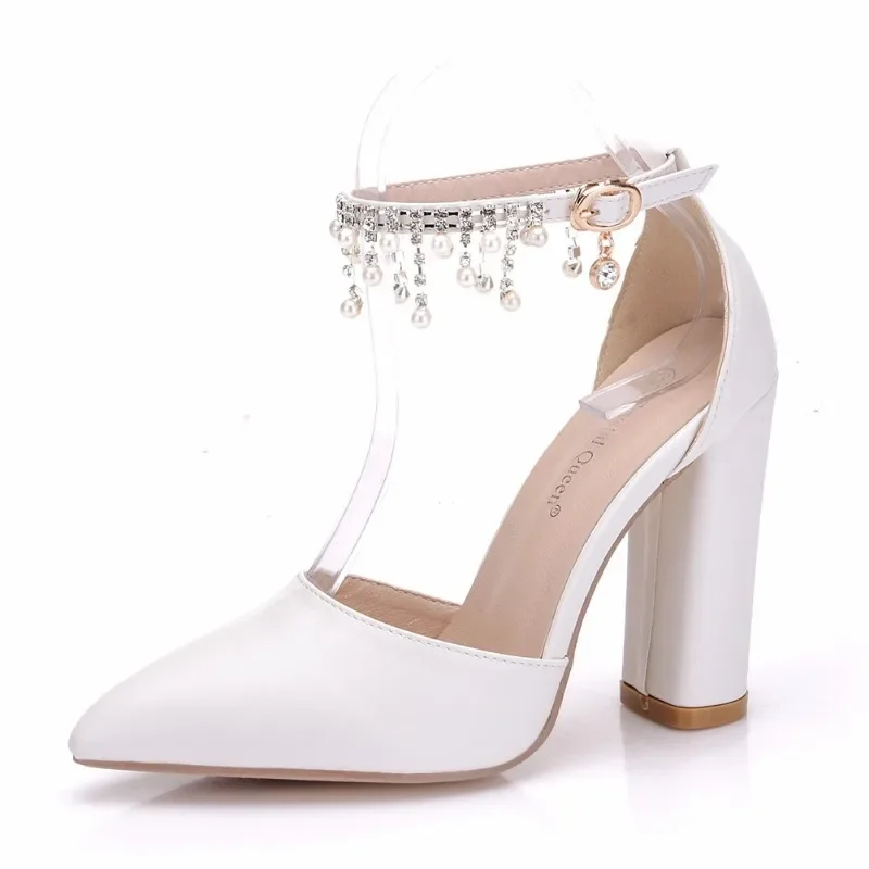 Sexy High Heels Wedding Prom Women Sandals String Bead Buckle Strap PU 10CM Square Heel Party Dance Mature Women Shoes White