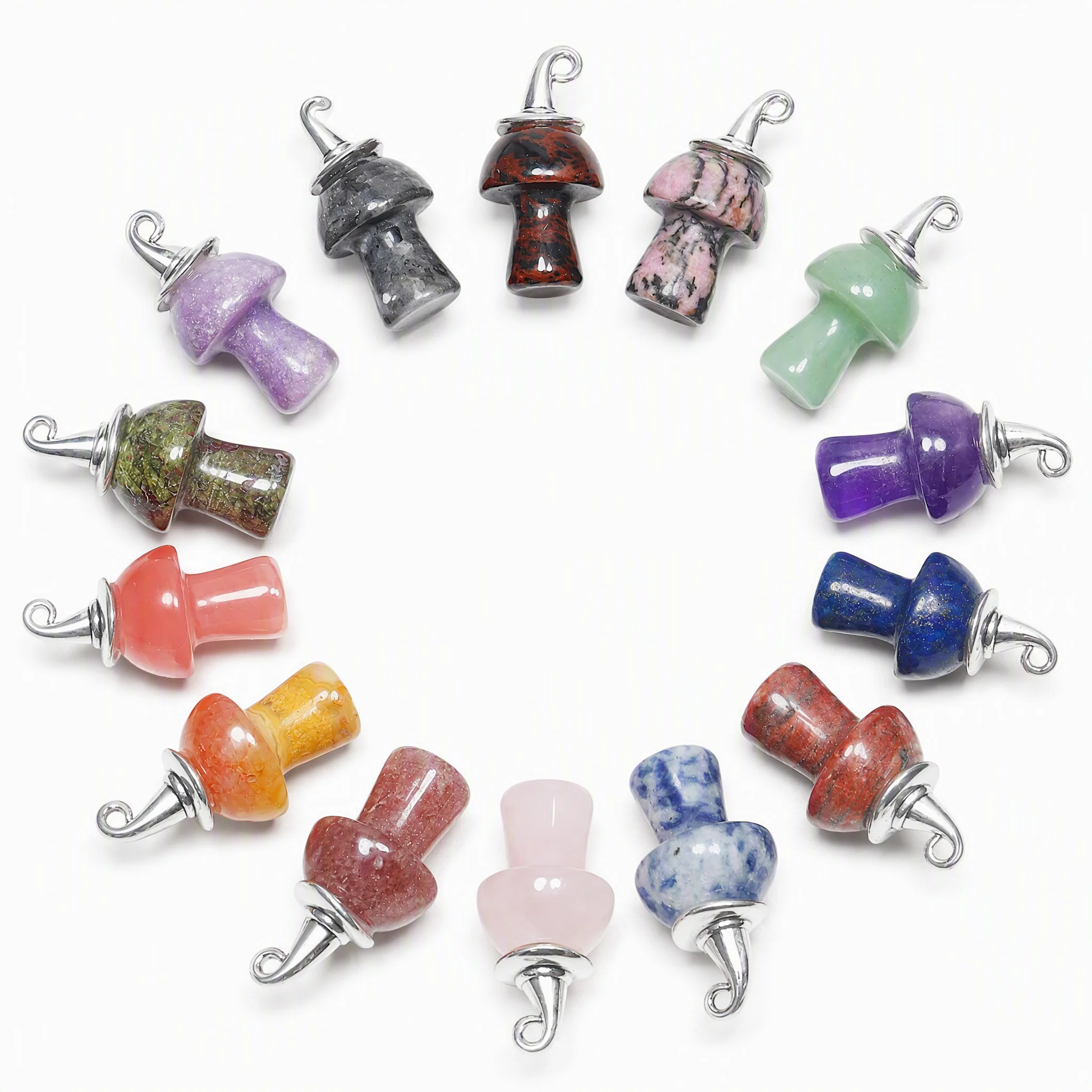 10pcs Natural Crystal Mushroom Pendant Gemstone Charms with Silver Bail Mixed Stone DIY Jewelry Making Accessories Wholesale.