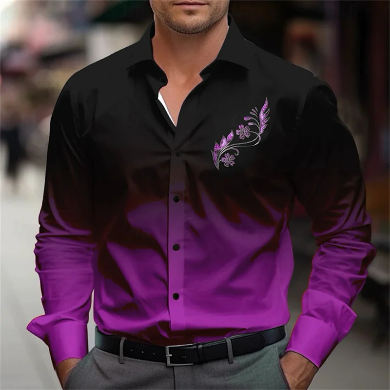 Camisa de manga larga para hombre de 12 colores, patrón de impresión 3D, ropa de solapa de manga larga con gradiente, XS-6XL informal de moda