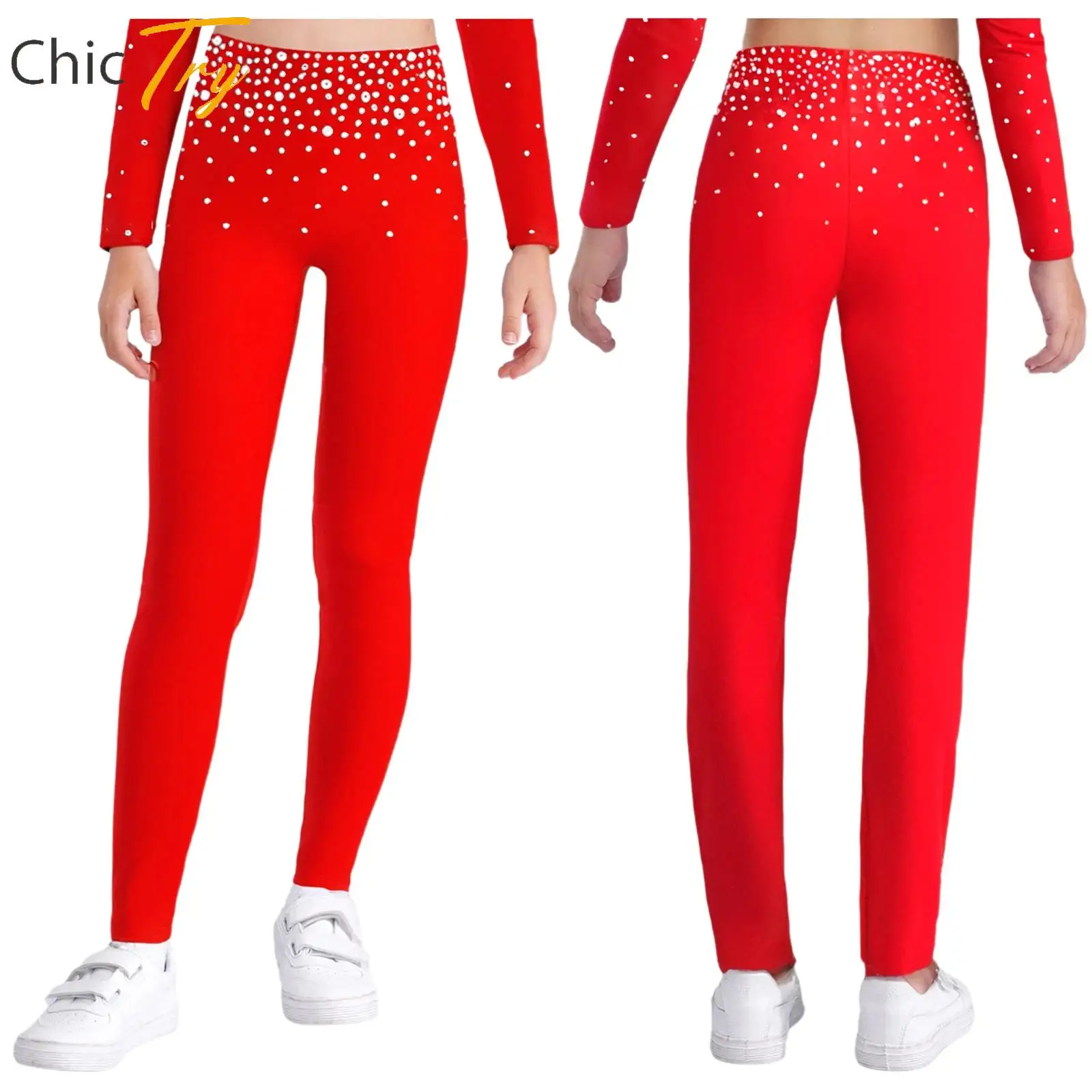 

Kids Girls Rhythmic Gymnastics Figure Skating Costume Rhinestones Elastic Waistband Pants Leggings Ballerina Performance Costume