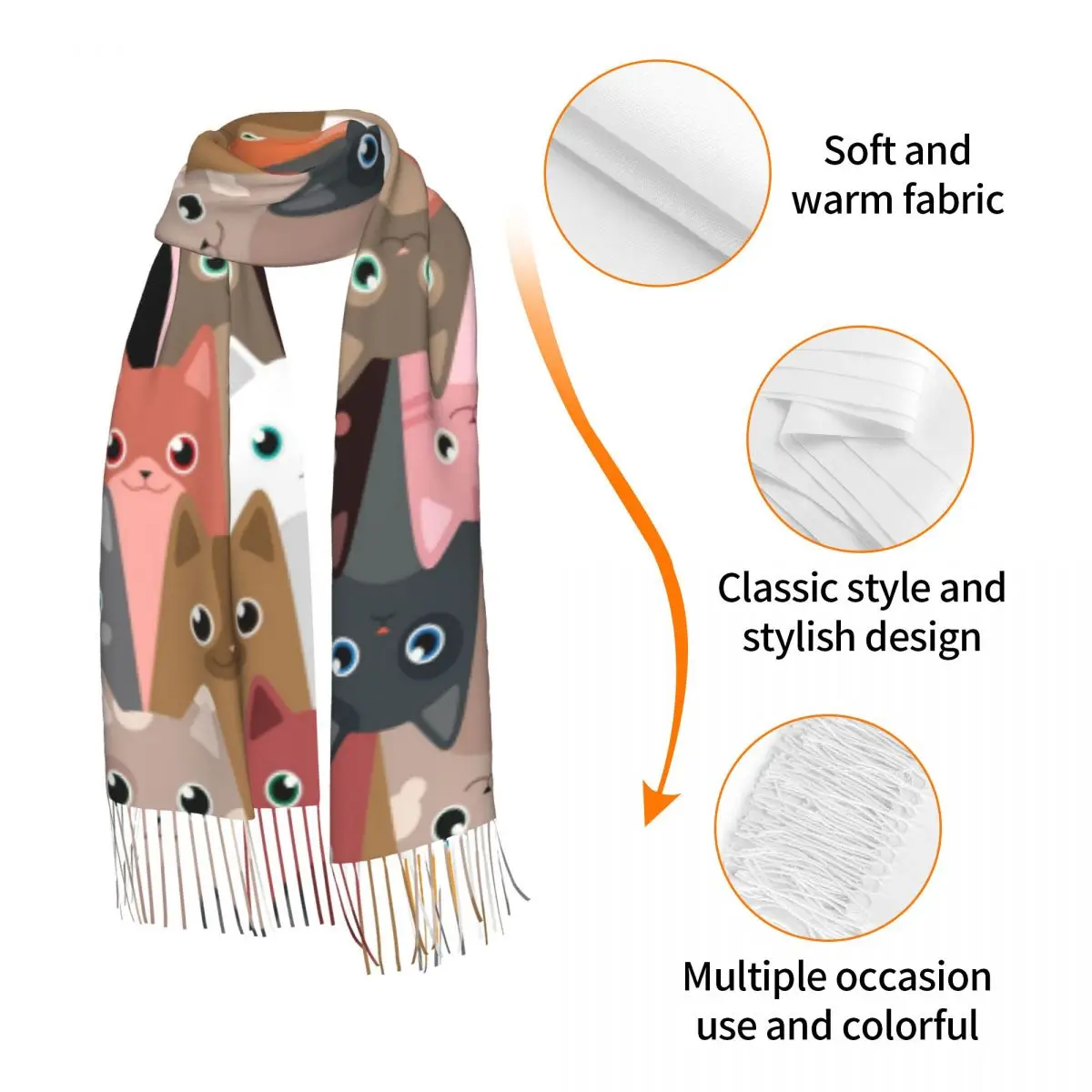 Autumn Winter Warm Scarves Cartoon Cute Cats Pattern Fashion Shawl Tassel Scarves Wrap Neck Headband Hijabs Stole