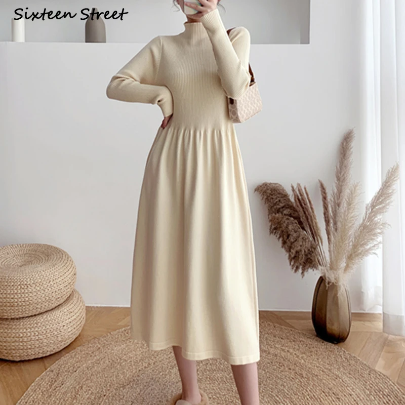 

Half High Collar Knitted Dress Woman Apricot Elegant Autumn Winter 2023 Sweater Long Dresses Vestido Female Soft Warm Knitwear