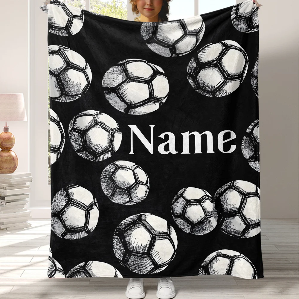 Custom name football themed fleece blanket, suitable for sofa, bed, birthday, children, boys, friends, gifts