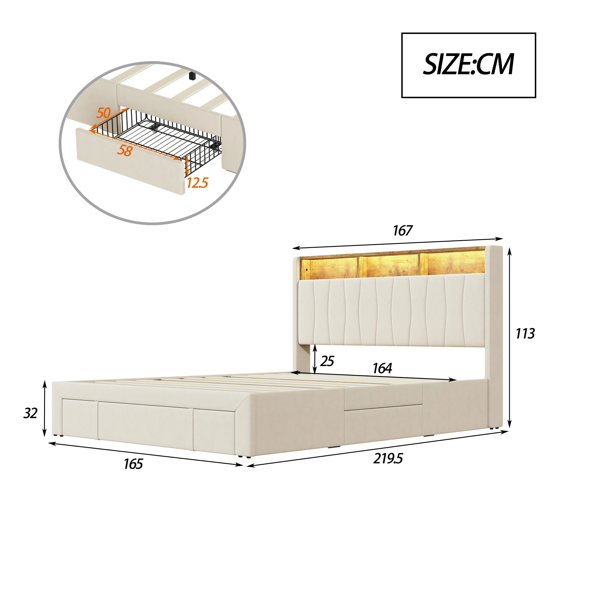 Upholstered Bed 160x200cm,with 4 Drawers,Storage Headboard,With LED Light & USB Port,Double Bed Frame,with Slatted Frame,Velvet