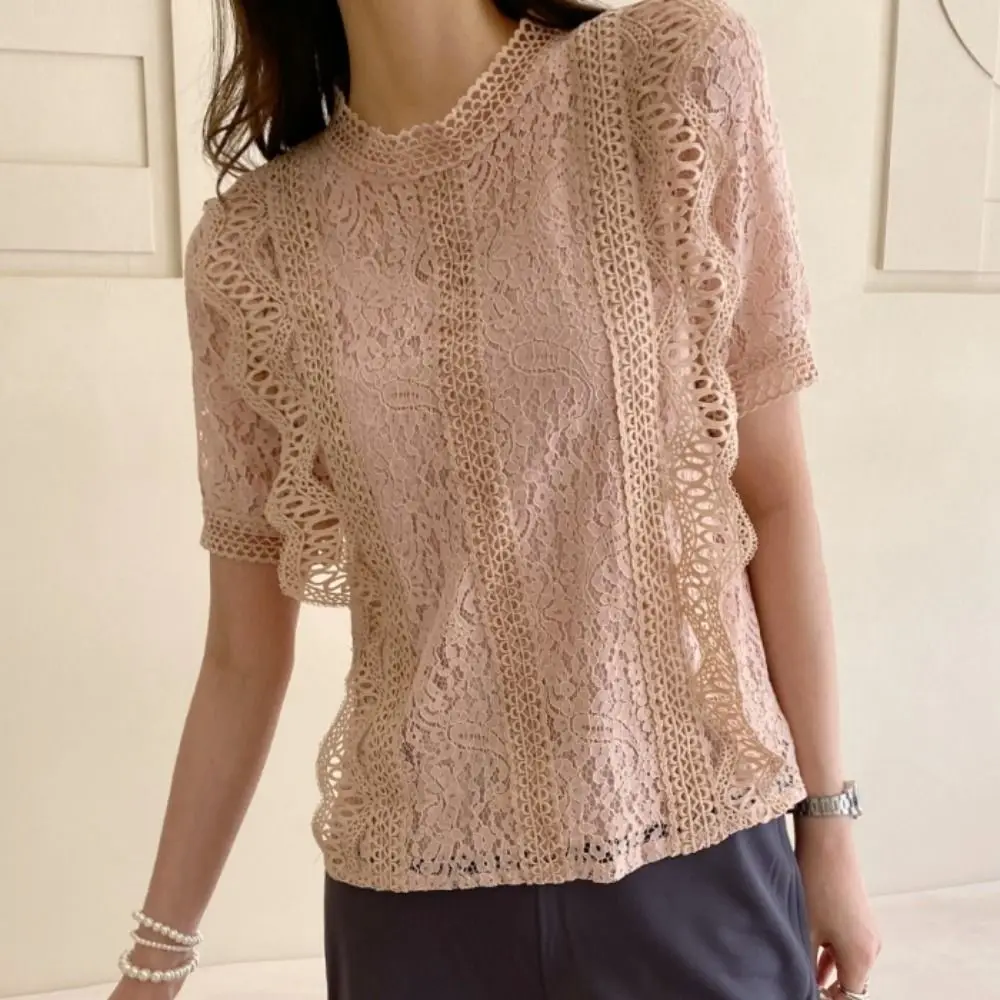 

Solid Color Sweet Short Sleeve Lace Shirts Round Neck Chic Hollow T Shirt All-match Loose Crochet Crop Top Beach