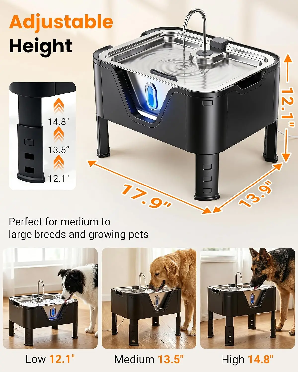 3.17Gal/ 12L Large Dog Water Fountain Elevated Dog Bowls with 3 Filters | 3-Height Adjustable Dog Water Bowl Dispenser, Quiet St