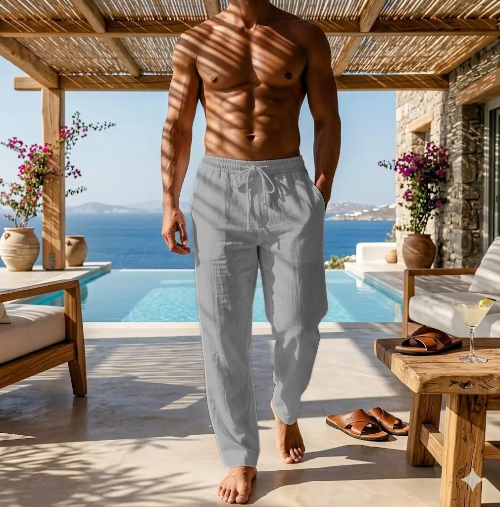 Summer Men Pure Cotton Linen Pants Lightweight Breathable Loose Drawstring Solid Color Beach Casual Long Trousers M-4XL