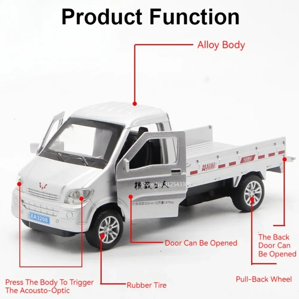 Wuling Glory Truck Toy Model Car, vehículo de transporte fundido a presión de aleación, luz de sonido, Pull Back decorativo para niños, regalos de cumpleaños, 1:32