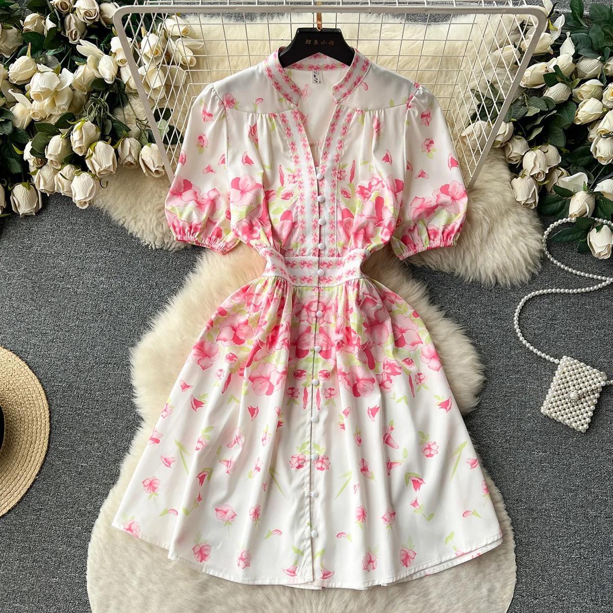 

Summer Clothes Holiday Dresses Women 2023 Elegant Fashion Vintage Flower Print Dress Short Sleeve Button Up A Line Mini Dress