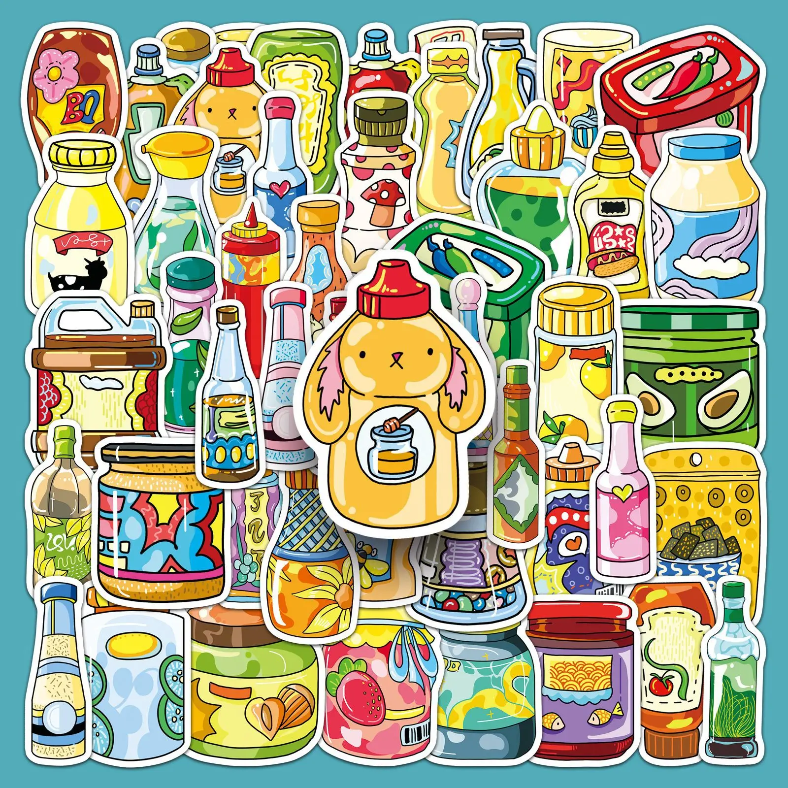 

51PCS Sauce Stickers Seasoning Bottle Cartoon Graffiti Decoration Laptop Guitar Phone Case iPad Waterproof Stickers Kids Toy
