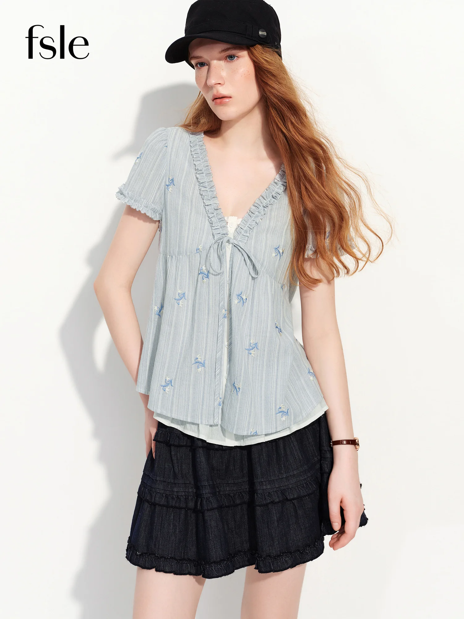 

FSLE 2026 Summer Women's French-Inspired V-Neck Puff Sleeve Blouse with Ruffle Trim Faux Layered Look - Elegant for Daily Wear