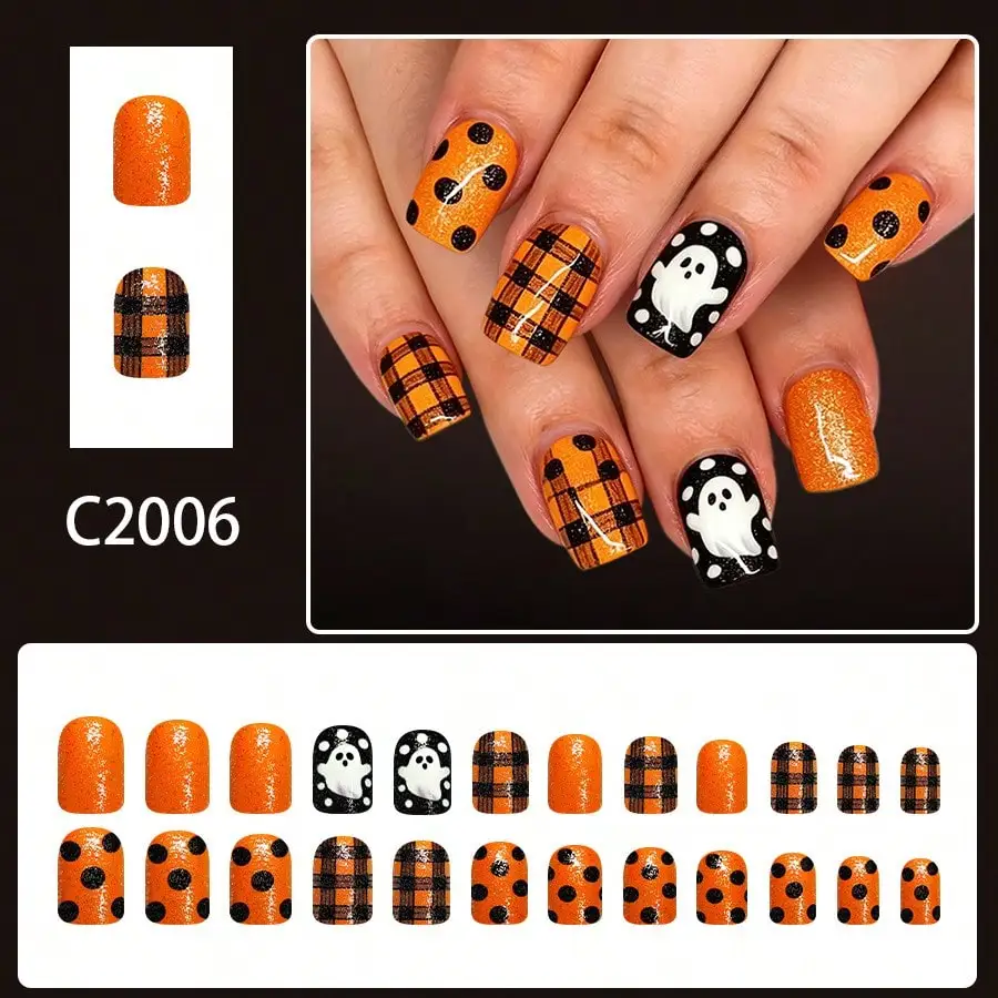 24Pcs Short Glossy Square False Nails, European And American Style, Halloween Orange And Black Checkered Polka Dot Ghost Glitter Press-On Nails, Anniversary Gift, Perfect Gift For Women, Birthday Gift, Holiday Gift