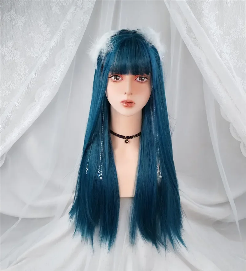 Pelucas de pelo sintético para mujer, azul oscuro, largo, recto, Cosplay, peluca con flequillo, resistente al calor