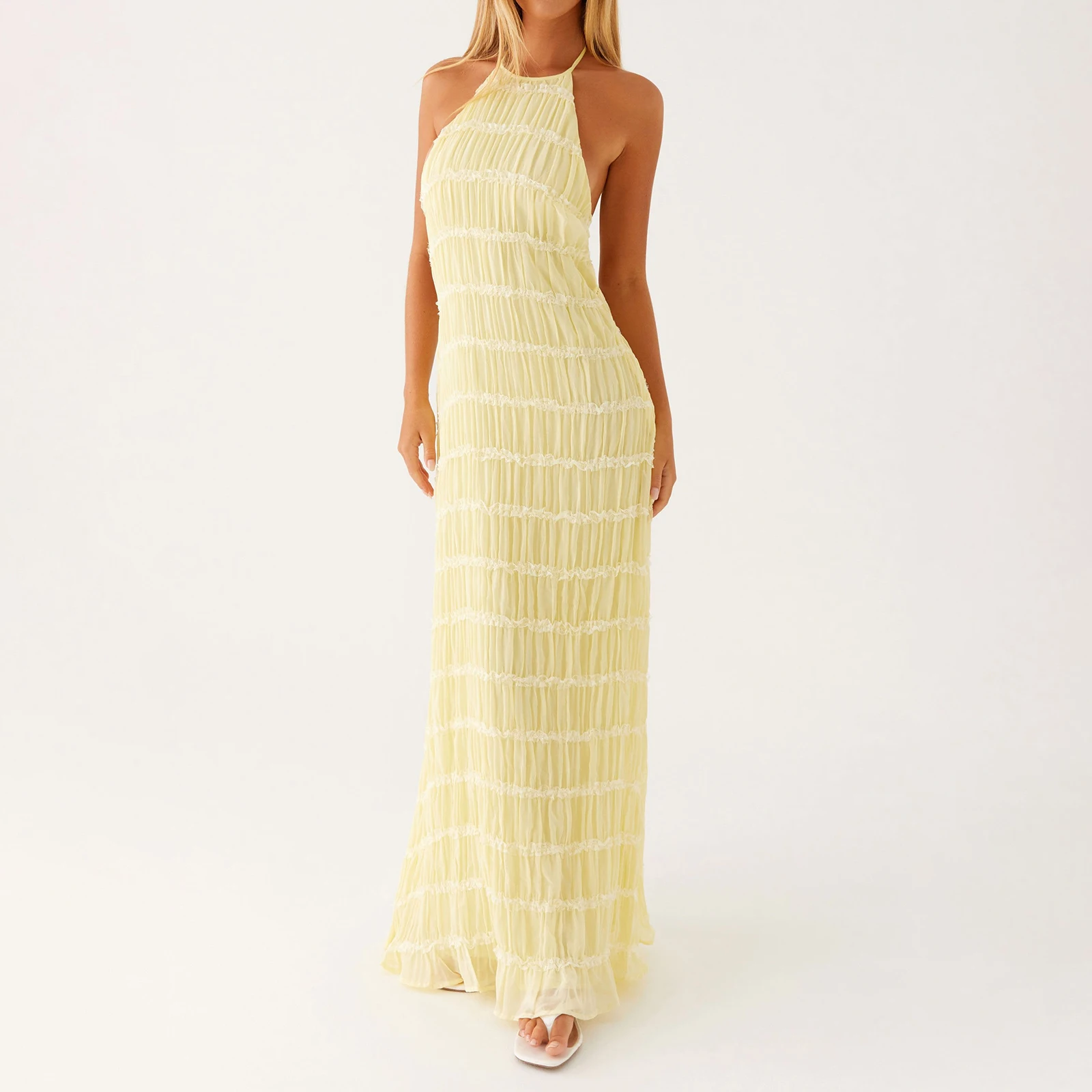 Women Halter Neck Maxi Dress Sleeveless Lace Tiered Smocked Long Dress Sexy Backless Party Vacation Beach Sundress
