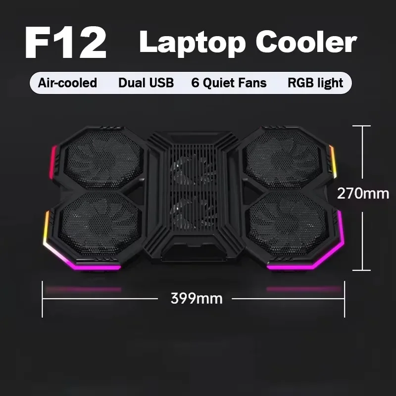 F12 2 USB Port Laptop Cooling Pad Notebook Cooler Stand w/ Phone Holder 6 Quiet Fan Heat Dissipation Bracket for Gaming Computer