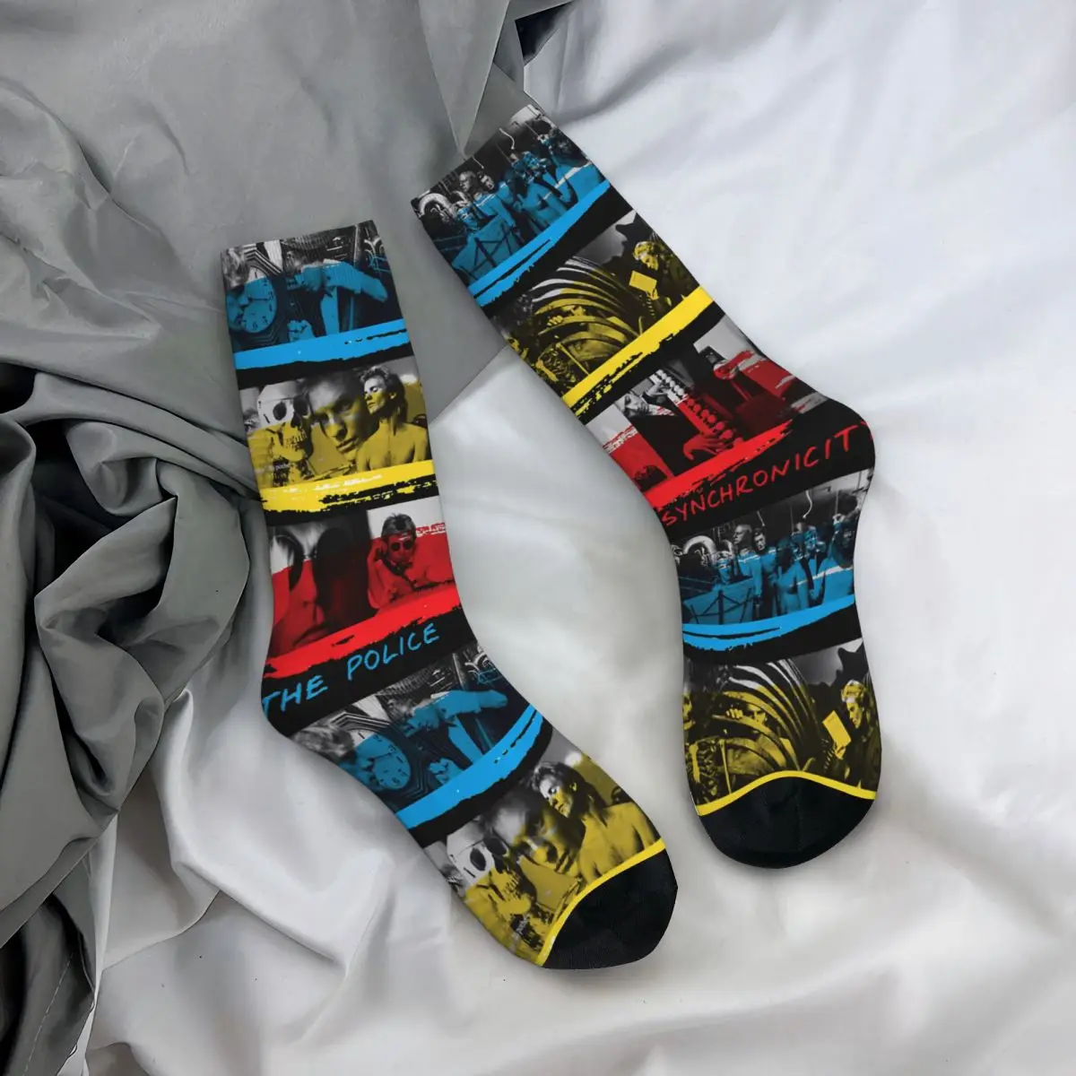 Funny Crazy compression Rock And Roll Sock for Men Hip Hop Vintage T-The Police Band Happy Seamless Pattern Printed