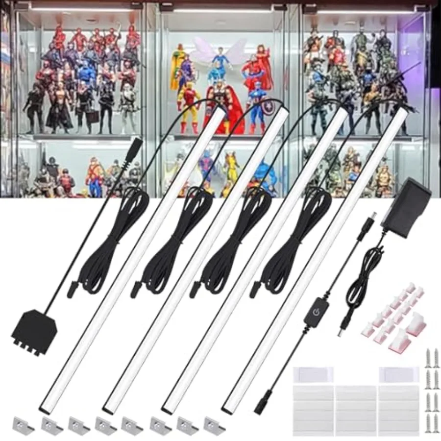 

Комплект из 4 светодиодных светильников для витрин, 12 дюймов, черные, с регулировкой яркости, для книжных полок, с адаптером питания 12В, 6000K, ярко-белый свет, с вилкой