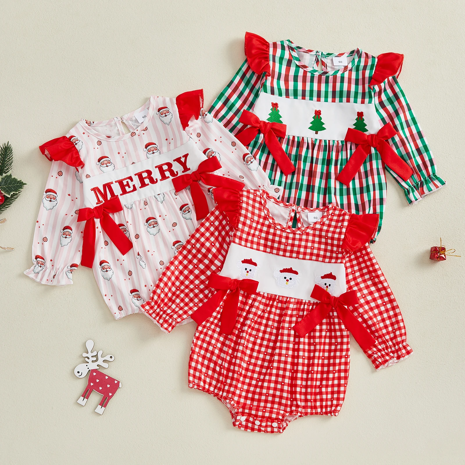 

Baby Girls Romper Casual Christmas Embroidery Plaid Bow Long Sleeve Jumpsuits for Newborn Infant Fashion Clothes