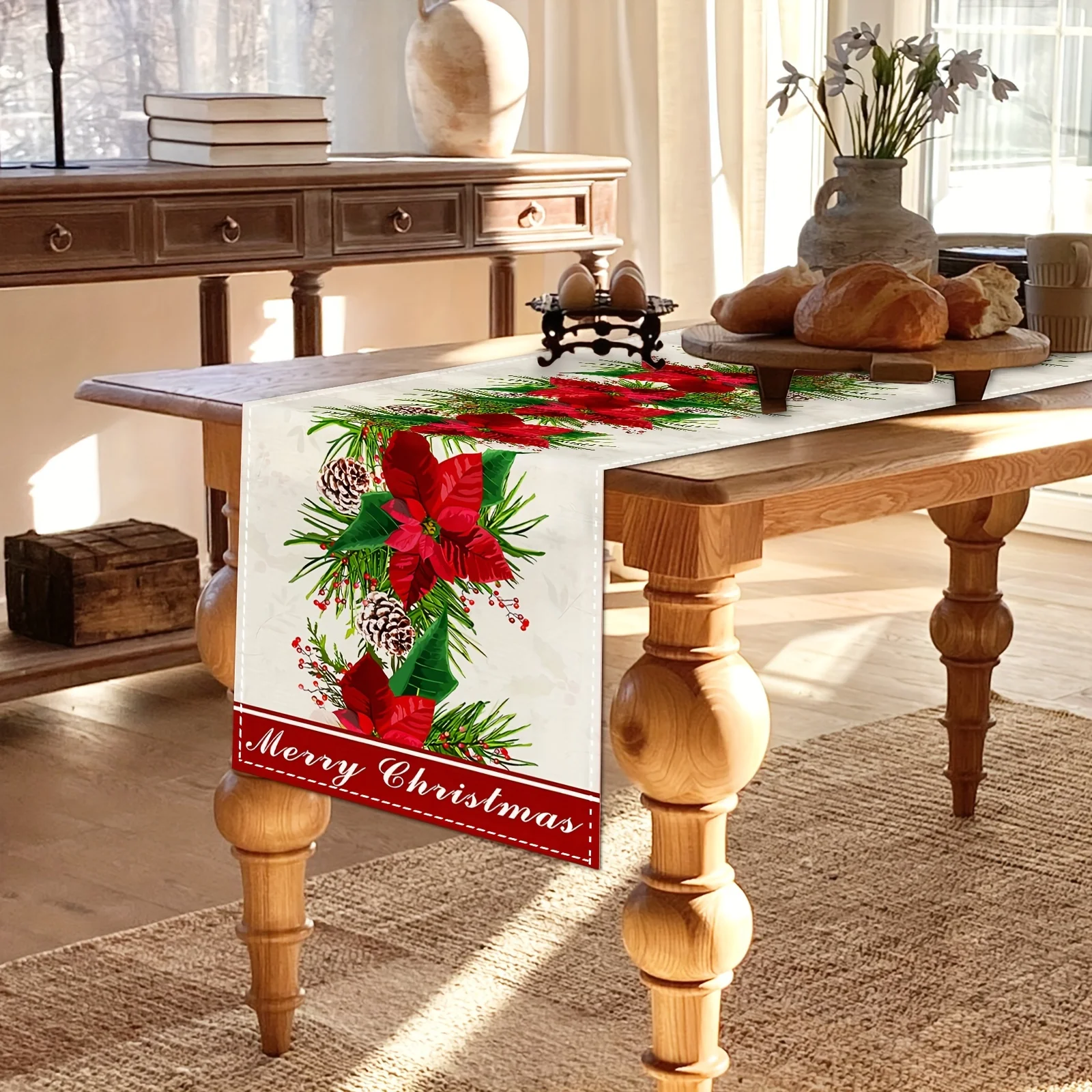 Merry Christmas Poinsettia Pinecone Linen Table Runner Party Decor Winter Holly Berry Dining Table Runners Christmas Decorations