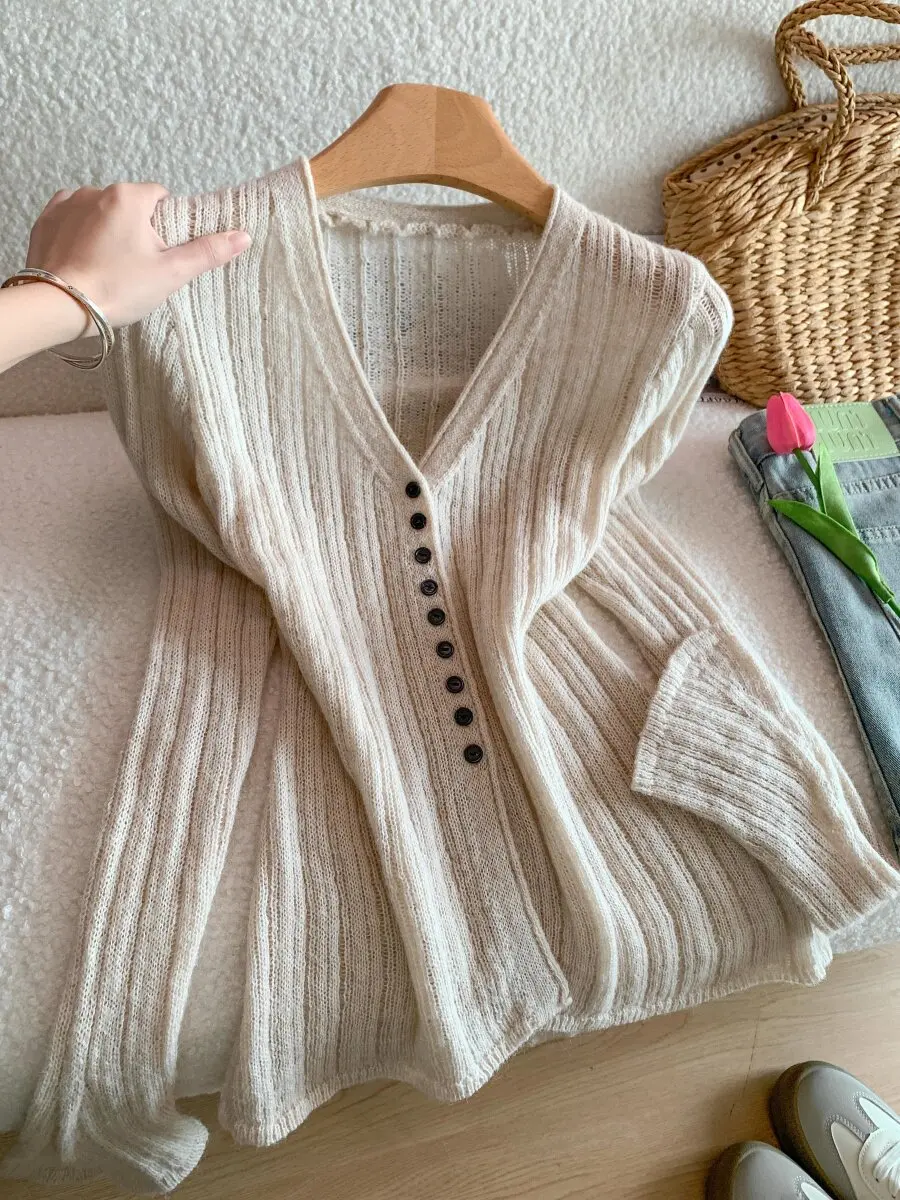 

Женский вязаный кардиган свободного кроя с V-образным вырезом, на пуговицах, с завязками на талии, серый, для ранней весны, из мягкого полиэфирного волокна