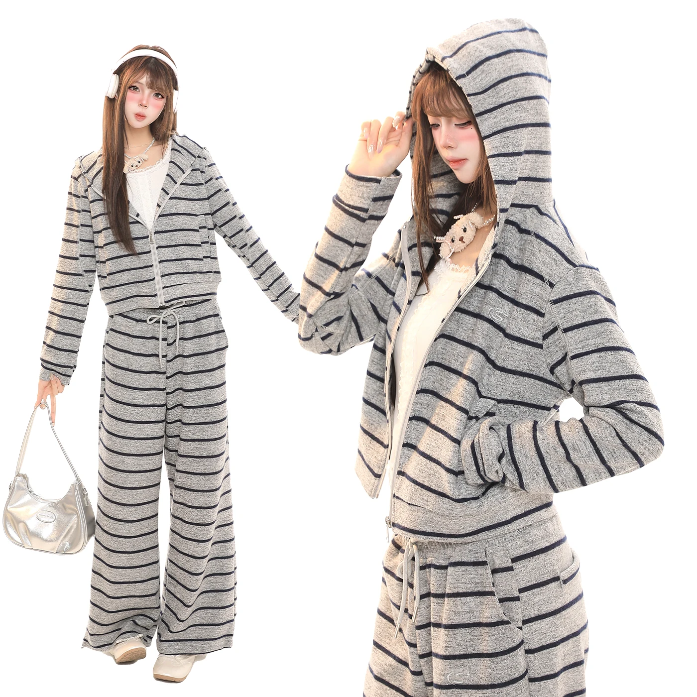 

Korean Sle Striped Spor Casual Set Women's Spring Lazy Hat Sweatirt ort Jaet Pants Two Piece Set Long Sve