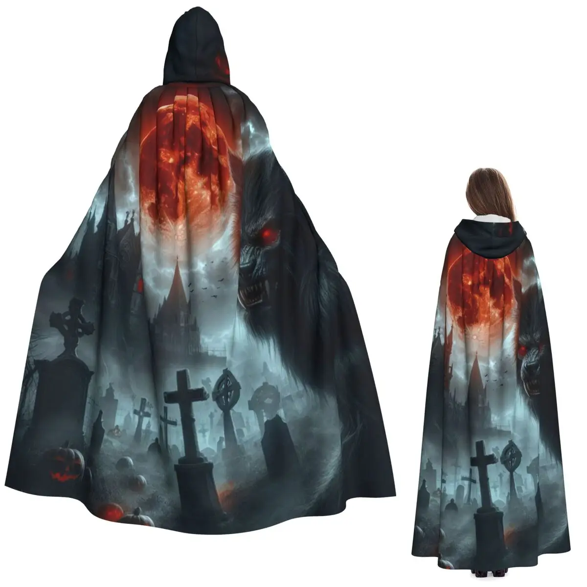 

Оборотень с красными глазами и красной луной Хэллоуин Тыква Длинный плащ с капюшоном Ведьма Средневековый костюм Косплей Накидка Хэллоуин Вампир