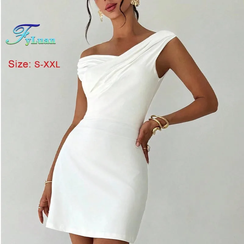 2025 moda feminina roupas vestido gola irregular sem mangas bodycon vestido branco emagrecimento mini vestido festa de aniversário vestidos de baile