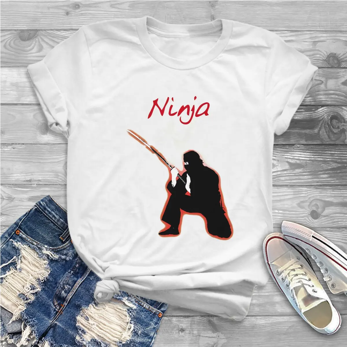 Ninja With Sword And Symbol Graphic Polyester TShirt Ninja Ninjutsu Style Streetwear Comfortable T Shirt Female