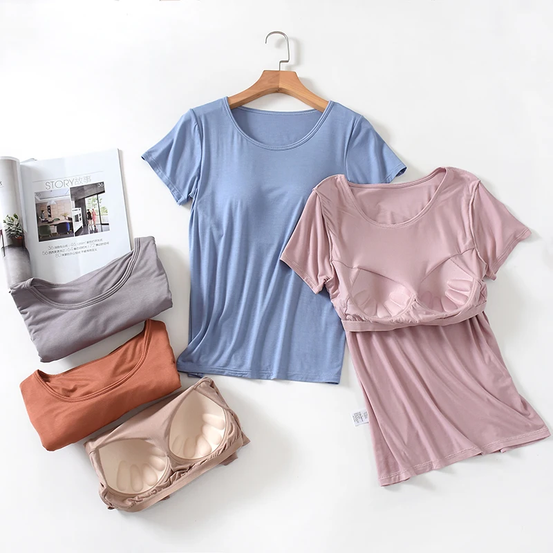 Modal Ladies Summer Thin Short Sleeve T-Shirt with Chest Pad No Bra Casual Summer Sports Top Outdoor Wear Comfortable round Neck
