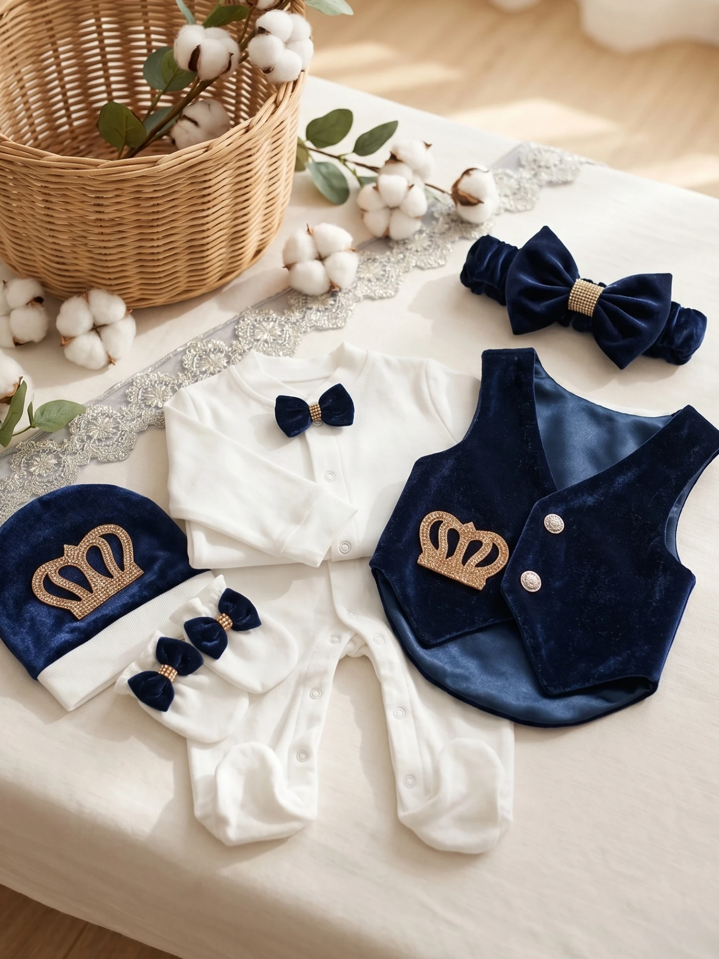 

Baby Boy Christening Outfit 5Pcs Luxury Velvet Crown Vest Footed Romper with Lace Swaddle Hat Newborn Prince Costume
