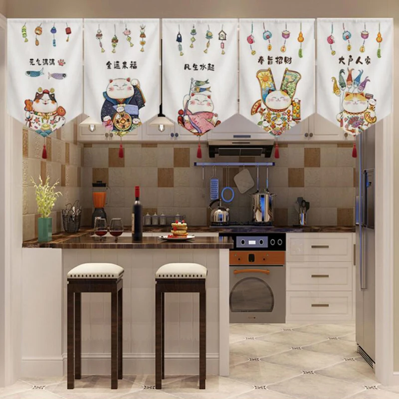 Japanese Lucky Cat Short Curtain Kitchen Partition Sushi Shop Restaurant Decor Signboard Tea Room Pennant Izakaya Half Curtains