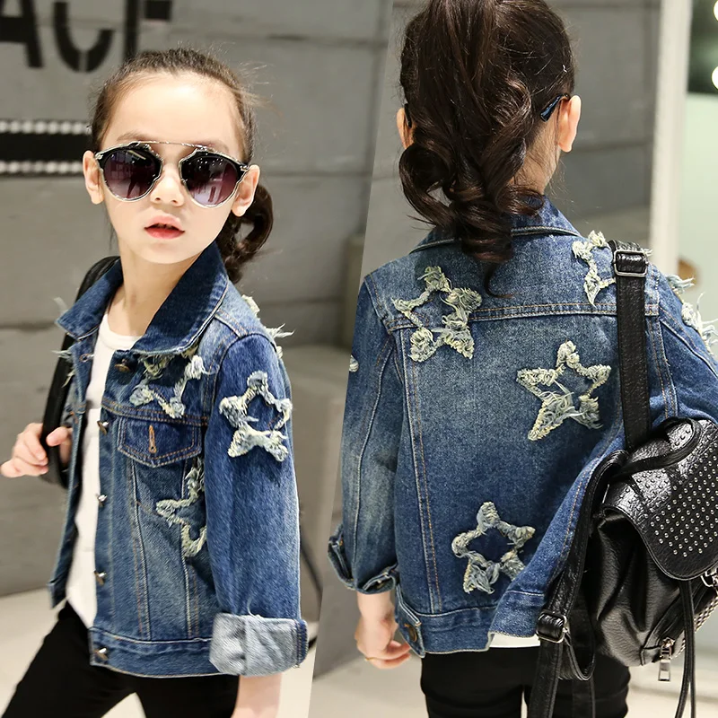 

Girls Fashion Stars Spliced Denim Jacket Hot 2023 New Spring And Autumn Children's Clothing Kids Korean Version Leisure Coat