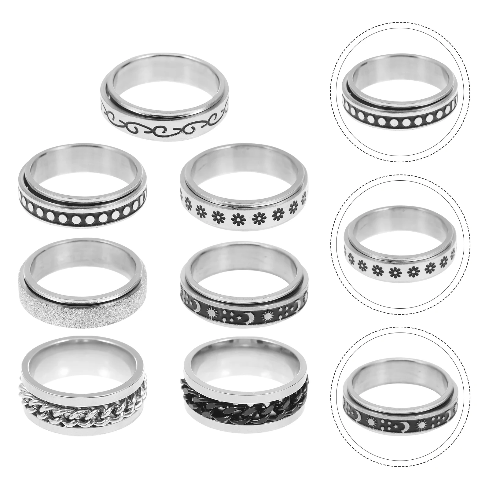 7pcs Rotatable Ring Set Titanium Steel Punk Finger Rings Rings For Women Ring Men Women