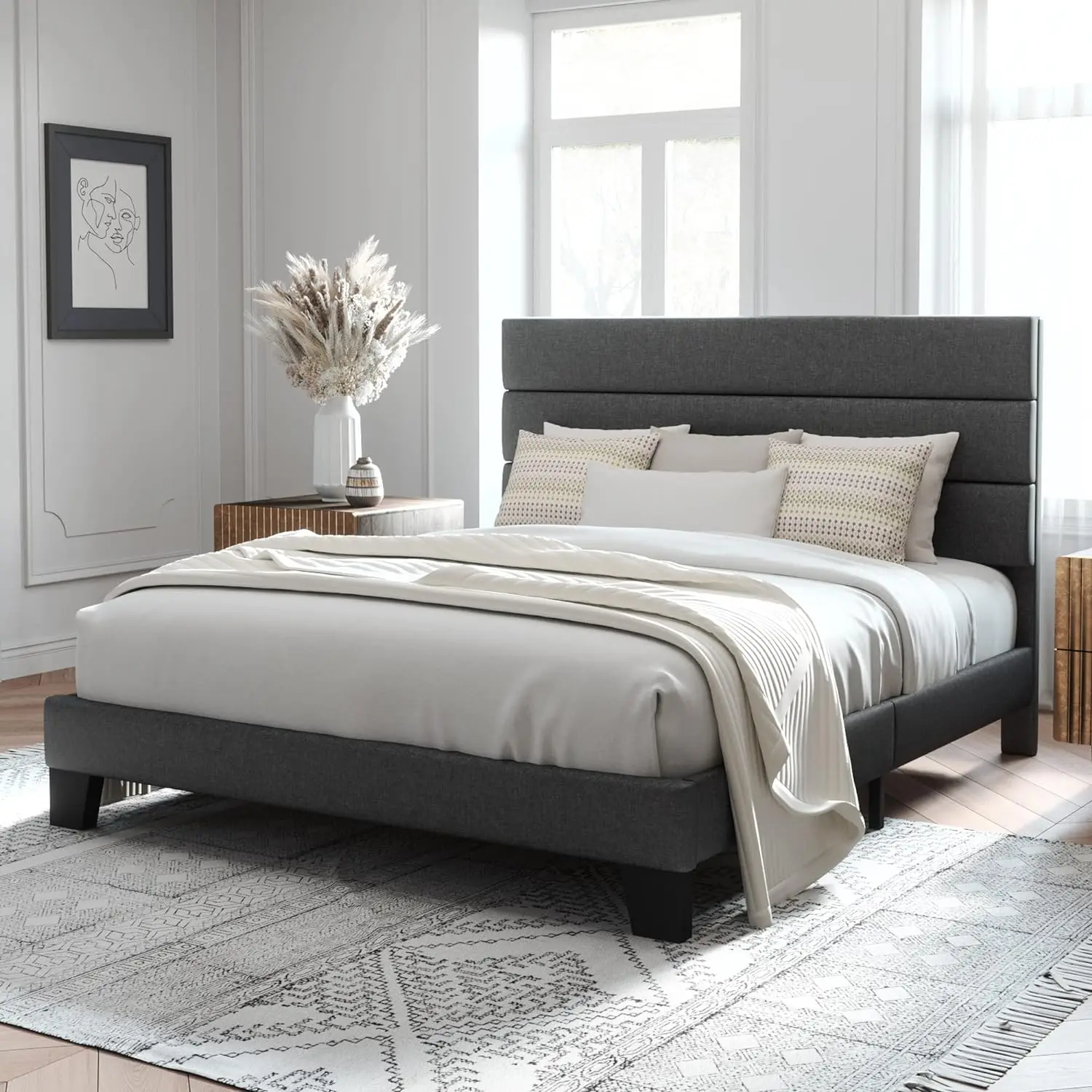 

Full/Queen/King Size Platform Bed Frame with Fabric Upholstered Headboard, Wooden Slats Support, Upholstered Mattress Foundation