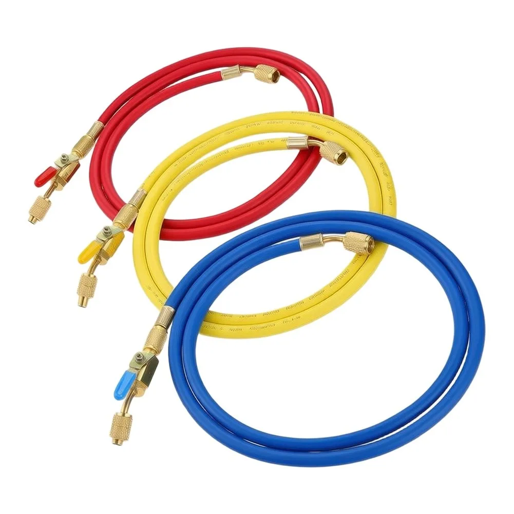 Coolant Charging Hose Set Featuring 14 Compliance Ball Valve and 45 Deg Bend for R134A R22 R401 HVAC System Servicing