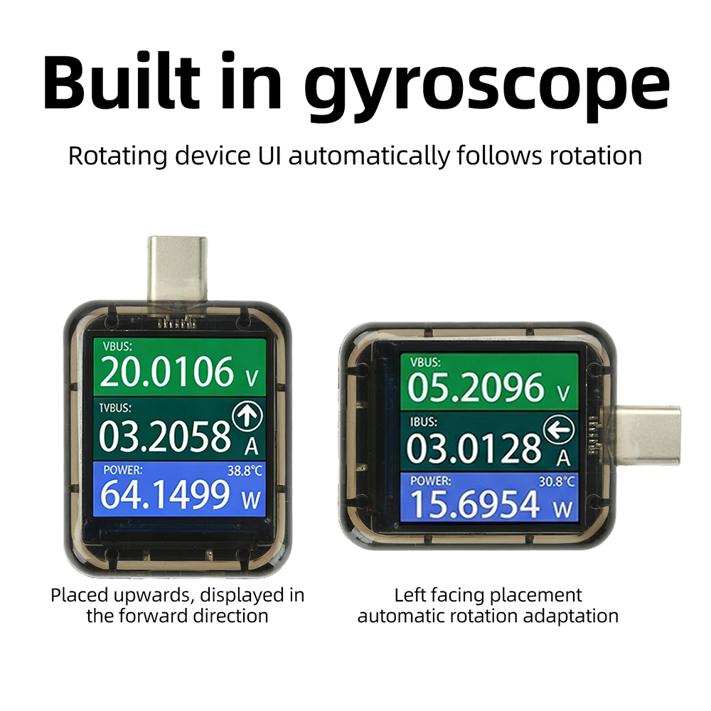 USB Power Meter Voltage Current Tester Type-C Bi-directional Fast Charging Detector with Gyroscope Auto-Rotate Display DC4.5-48V