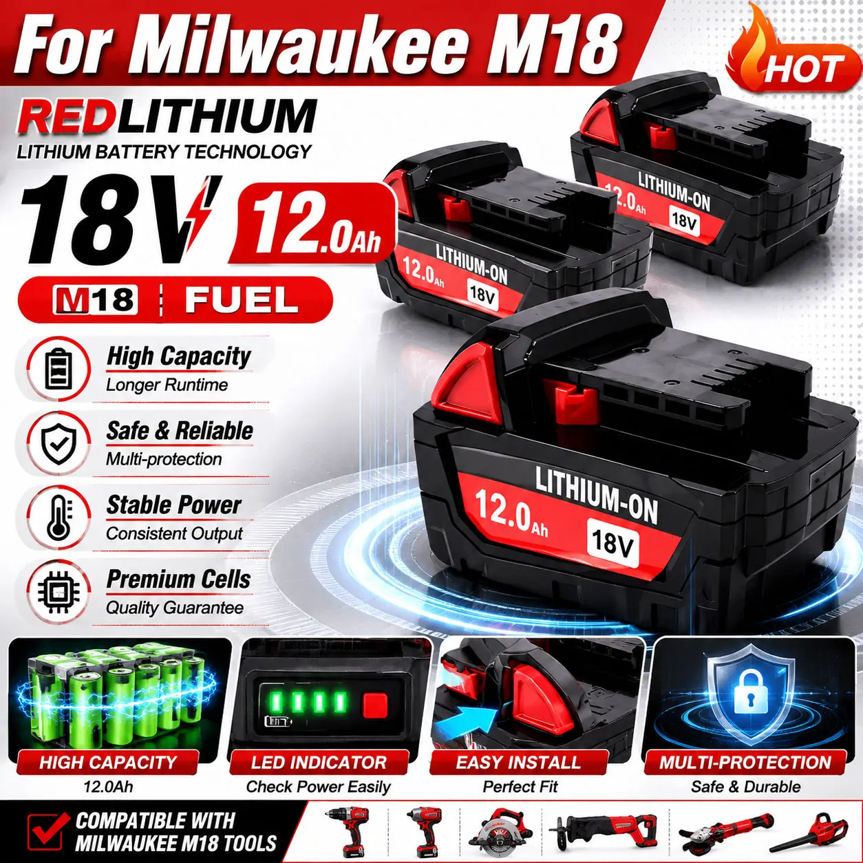 Für Milwaukee M18 Akku 18V 12000mAh Wiederaufladbarer Ersatzakku für Milwaukee Werkzeug M18B5 XC 48-11-2402 48-11-2411 2604-22